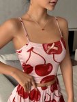 Cute Cherry Print Night Top Round Neck Bow Decor Backless Crop Cami Top Women's Sleepwear