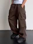 Men's Loose Solid Cargo Pants With Multi Pockets Street Style Trousers For Outdoor Activities