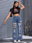 Women's Street Style High Waist Jeans Distressed Ripped Denim Loose Fit Pants With Frayed Hem Casual Vintage Fashion For Outdoor