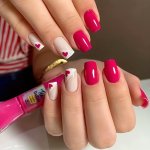 24PCS SET Glossy Medium Square Fake Nails Rose Red Press On Nails With Heart Design White French Tip False Nails For Women Girls
