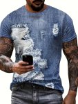 3D Digital Ripped Denim Pieces Like Pattern Print Crew Neck And Short Sleeve T-Shirt For Summer Outdoors Wear Chic And Fashionab