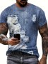 3D Digital Ripped Denim Pieces Like Pattern Print Crew Neck And Short Sleeve T-Shirt For Summer Outdoors Wear Chic And Fashionable Tops For Men