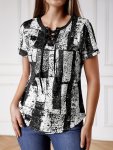 Graphic Print Lace Up V Neck T-Shirt Summer Casual Short Sleeve Top Women's Clothing