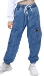 Sangtree Girls Cargo Pants Drawstring Denim Elastic Waist Loose Jeans Tapered Multi Pockets Cargo Jogger Pants For Girldenim BLU