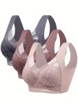 3PCS Foral Lace Decor Full-coverage Sports Bra Comfortable Breathable Push Up Bras For Women Women's Activewear