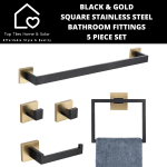 Black & Gold Square Stainless Steel Bathroom Fittings - 5 Piece Set