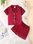 Girls' Comfy Satin Clothing Set - Solid Color Short Sleeve & Shorts Button-up Collar Stretch Fabric Non-transparent - Perfect Fo