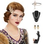 Stfantasy Short Brown 20S Flapper Wig With Headband+ Necklace+earrings+gloves Flapper Wave Curly Synthetic Hair For Women 1920S