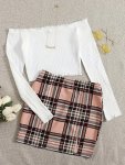 Casual Two-piece Set Solid Off Shoulder Long Sleeve Top & Plaid Print MINI Skirt Outfits Women's Clothing
