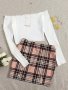 Casual Two-piece Set Solid Off Shoulder Long Sleeve Top & Plaid Print Mini Skirt Outfits Women's Clothing