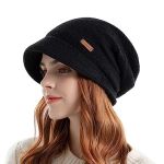 Kdvog Women Fleece Lined Knitted Hat With Visor Brim Winter Slouchy Cable Knit Beanie Newsboy Cap For Cold Weather Black