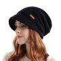Kdvog Women Fleece Lined Knitted Hat With Visor Brim Winter Slouchy Cable Knit Beanie Newsboy Cap For Cold Weather Black