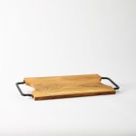 Rectangular Indent Wooden Serving Tray With Black Metal Handles Natural - Large 67X30CM