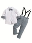 2PCS Boys Formal Gentlemen Outfit Long Sleeve Dress Bowtie Shirt & Suspender Pants Set For Party