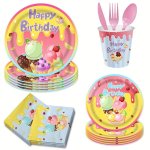 Summer Ice Cream Party Tableware Set Disposable Paper Plates Paper Cups Napkins Tableware Set Birthday Party Supplies Set Theme