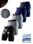 5PCS Men's Sports Skinny Long Boxer Briefs Shorts Breathable Comfy Quick Drying Stretchy Boxer Trunks Sports Trunks Swim Trunks