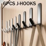 6PCS J Shaped Hooks Strong Adhesive Door Back Hooks Coat Hooks For Hanging Clothes Hats Handbags Wall Mounted Wall No Punching A