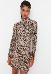Turtleneck Printed Dress - Brown