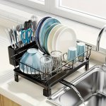 1PC Dish Rack Countertop Single Layer Dish Drying Rack Large Capacity Compact Dish Drainer With Utensil Holder And Drain Spout F