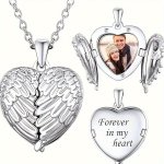 Angel Wing Heart Photo Locket Pendant Necklace Personalized Custom Engraving - Elegant Simple Style No-plating Alloy Jewelry For