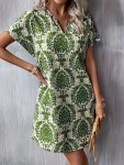 Vintage Graphic Print Dress Elegant Notched Neck Short Sleeve Loose Dress For Spring & Summer Women's Clothing