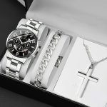 3PCS Set Luxury Business Golden Wristwatch Stainless Steel Date Pointer Quartz Wrist Watch & Bracelet & Necklace