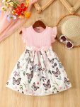 Splicing Ribbed Flutter Trim Butterfly Print Dress With Strap For Girls Summer Party Gift