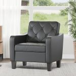 Sthouyn Black Leather Accent Chair Living Room Chairs Waiting Room Arm Chairs Reading Chairs For Bedroom Comfy Club Chair Tufted