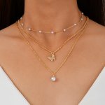 3PCS SET Imitation Pearl & Butterfly Pendant Necklace Elegant Style Faux Pearl Decor Chain Necklace Casual Neck Accessories