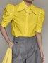 Solid Color Button Front Blouse Elegant Puff Sleeve Blouse For Spring & Summer Women's Clothing