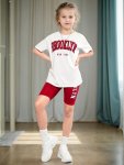 2 Pieces Sporty Girl's Letter T-Shirt Top + Tight Fit Biker Shorts Summer Outfits Set Casual Style