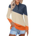 Polo Shirts For Womens V Neck Lapel Long Sleeve Tops With Collar Button Fall Loose Golf Casual Business Tunic BLOUSES2-ORANGE Sm