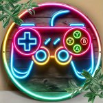 One Pcs Game Controller Neon Pattern Design Flat Print Metal Sign Circular Iron Hanging Picture Non-appliances 20.32X20.32 Cm Wa