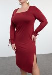 Claret Red Premium Square Neck Slit Knitted Plus Size Dress
