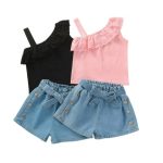 Elasticated Denim Shorts With A Frill Top Black 5-6Y