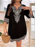 Plus Size Ethnic Print 3 4 Sleeve Dress Elegant Notched Neck Above Knee Dress For Spring & Summer Women's Plus Size Clothing
