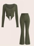 Solid Ribbed Casual Pants Set Long Sleeve Scoop Neck Split Front Slim T-Shirt & Flared Leg Pants Outfits Women's Clothing