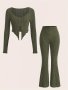 Solid Ribbed Casual Pants Set Long Sleeve Scoop Neck Split Front Slim T-shirt & Flared Leg Pants Outfits Women's Clothing