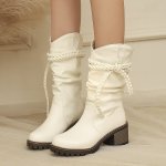 Womens Fashion Knitted Strap Mid-calf Boots With Chunky Heels