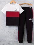 Boys Fashion Color Block Two-piece Set King Letter Print Crew Neck Short Sleeve T-Shirt & Elastic Waist Pants Casual Comfortable