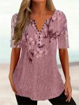 Floral Print Button Front T-Shirt Casual Short Sleeve Summer T-Shirt Women's Clothing