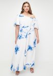 Asymmetric Trapeze Maxi Dress With Bubble Sleeve - Denim Ghostly Flora