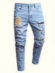 Men's Skinny Fit Distressed Ripped Jeans With Cute Bear Embroidered Fashion Street Style Denim Pants For Men Versatile For All S