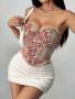 Jse Vintage Floral Print Asymmetrical Lace Trim Romantic Bustier Top