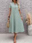 Allover Print Notched Neck Button Decor Dress Elegant Short Sleeve Loose Fit A-line Midi Dress For Spring & Summer Women's Cloth