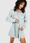 Belted Western Denim Micro MINI Shirt Dress - Bleached Blue
