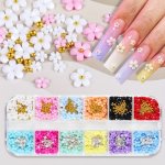 3D Flower Nail Art Charms Set With Rhinestones And Caviar Beads 12 Colors - Unscented Nail Decoration Accessories For Manicures