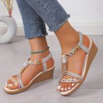 Women's Fancy-embellished Platform Wedge Sandals Easy To Wear On Vacation With Slip-on Casual Beach Shoes