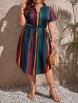 Plus Size Colorblock Stripe Print Belted Dress Casual Notch Neck Short Sleeve Dress For Spring & Summer Women's Plus Size Clothi
