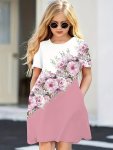 Rose Flower Splicing Print Girl's Active Casual T-Shirt Dress Loose Comfy Dresses For Holiday Summer Outdoor